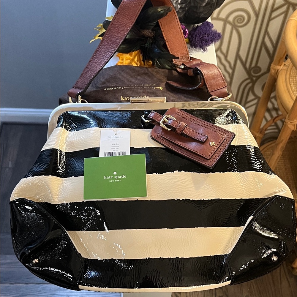 Y2K Kate Spade Black and Cream Striped Shoulder Bag